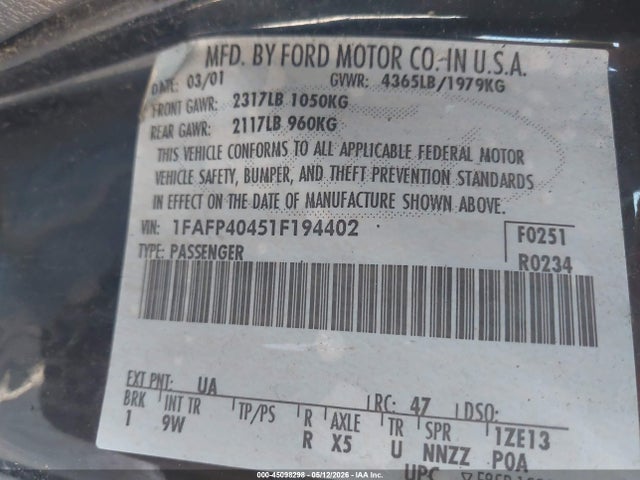 Aukcja sprzedaży 2001 Ford Mustang, vin: 1FAFP40451F194402, numer aukcji: 45098298