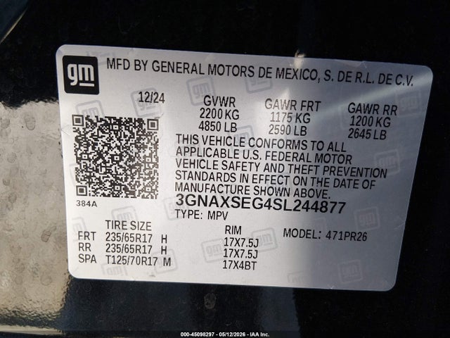 45098297 :رقم المزاد ، 3GNAXSEG4SL244877 vin ، 2025 Chevrolet Equinox Awd Activ مزاد بيع
