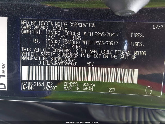 Aukcja sprzedaży 2021 Toyota 4runner Venture Special Edition, vin: JTEHU5JR6M5965001, numer aukcji: 45098299