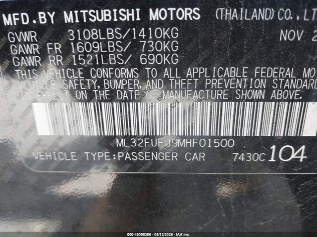 Продажа на аукционе авто 2021 Mitsubishi Mirage G4 Carbonite Edition/es/le, vin: ML32FUFJ9MHF01500, номер лота: 45098306