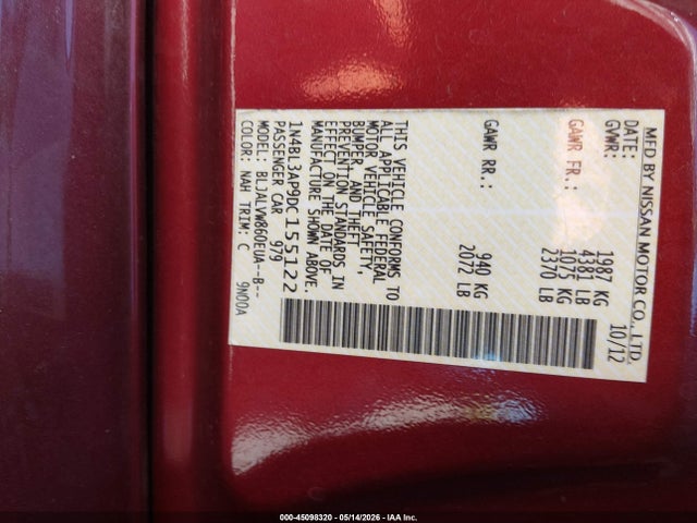 45098320 :رقم المزاد ، 1N4BL3AP9DC155122 vin ، 2013 Nissan Altima 3.5 Sl مزاد بيع