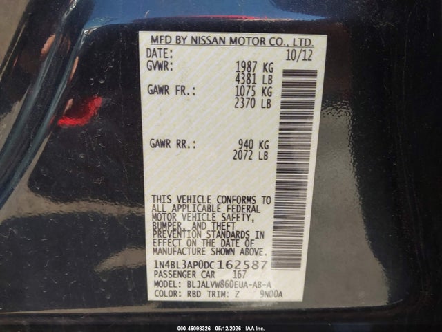Aukcja sprzedaży 2013 Nissan Altima 3.5 Sl, vin: 1N4BL3AP0DC162587, numer aukcji: 45098326