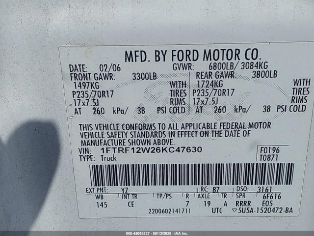 45098327 :رقم المزاد ، 1FTRF12W26KC47630 vin ، 2006 Ford F-150 Stx/xl/xlt مزاد بيع