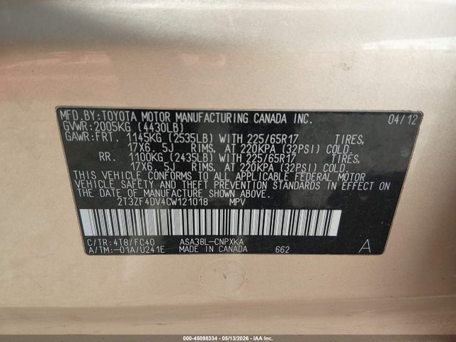 Aukcja sprzedaży 2012 Toyota Rav4, vin: 2T3ZF4DV4CW121018, numer aukcji: 45098334