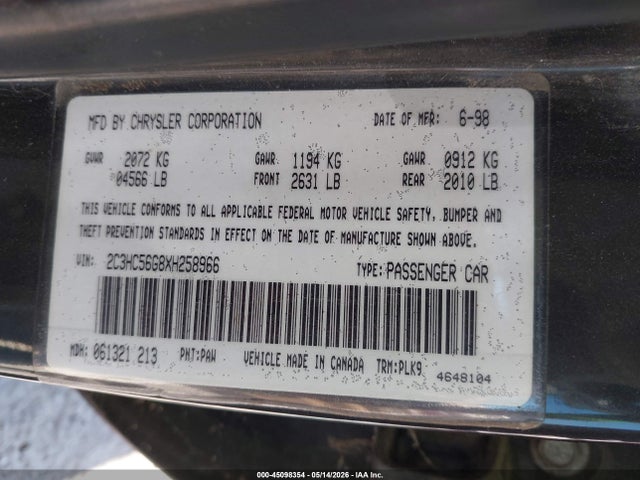 1999 Chrysler Lhs მანქანა იყიდება აუქციონზე, vin: 2C3HC56G8XH258966, აუქციონის ნომერი: 45098354