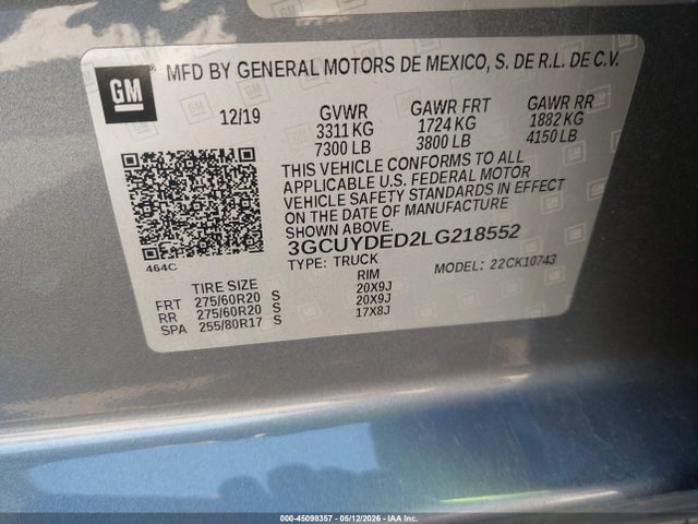 Aukcja sprzedaży 2020 Chevrolet Silverado 1500 4wd  Standard Bed Lt, vin: 3GCUYDED2LG218552, numer aukcji: 45098357
