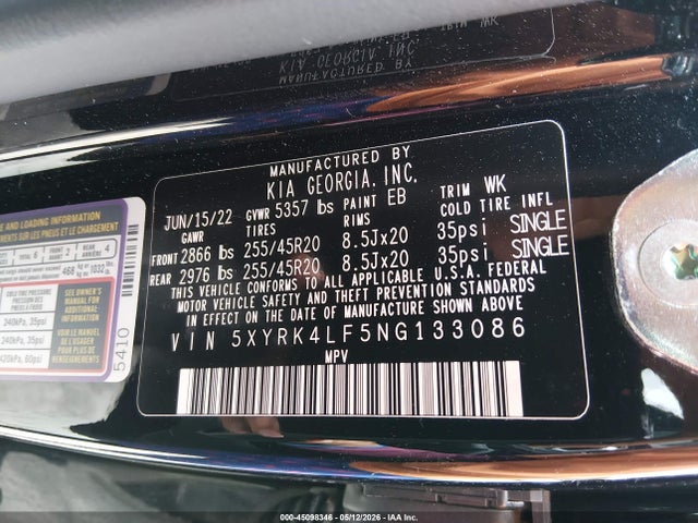 Aukcja sprzedaży 2022 Kia Sorento Sx, vin: 5XYRK4LF5NG133086, numer aukcji: 45098346