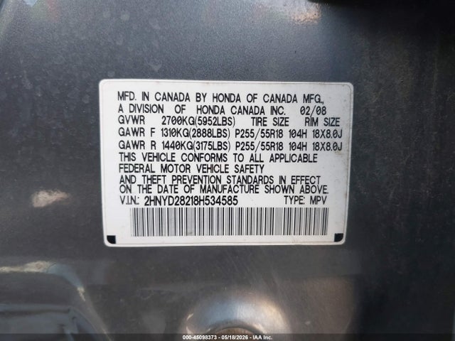Aukcja sprzedaży 2008 Acura Mdx, vin: 2HNYD28218H534585, numer aukcji: 45098373