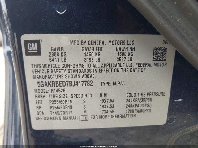 45098374 :رقم المزاد ، 5GAKRBED7BJ417782 vin ، 2011 Buick Enclave 1xl مزاد بيع