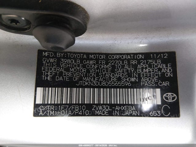 Aukcja sprzedaży 2013 Toyota Prius Two, vin: JTDKN3DU8D5565596, numer aukcji: 45098377