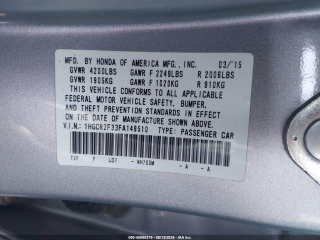 Honda ACCORD LX 2015 1HGCR2F33FA149510 Image 9