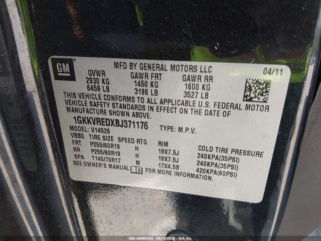 Aukcja sprzedaży 2011 Gmc Acadia Slt-1, vin: 1GKKVREDXBJ371176, numer aukcji: 45098384