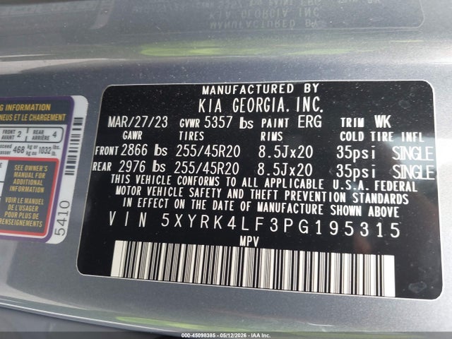 45098385 :رقم المزاد ، 5XYRK4LF3PG195315 vin ، 2023 Kia Sorento Sx مزاد بيع