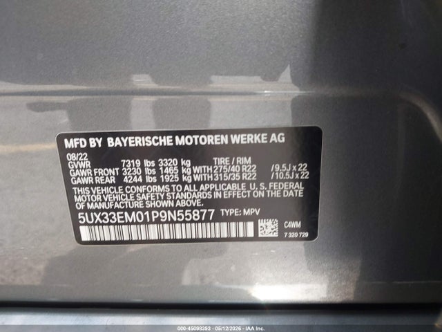 45098393 :رقم المزاد ، 5UX33EM01P9N55877 vin ، 2023 Bmw X7 M60i مزاد بيع