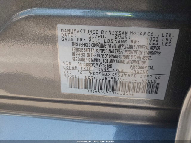Aukcja sprzedaży 2021 Nissan Sentra Sv Xtronic Cvt, vin: 3N1AB8CV7MY215166, numer aukcji: 45098397