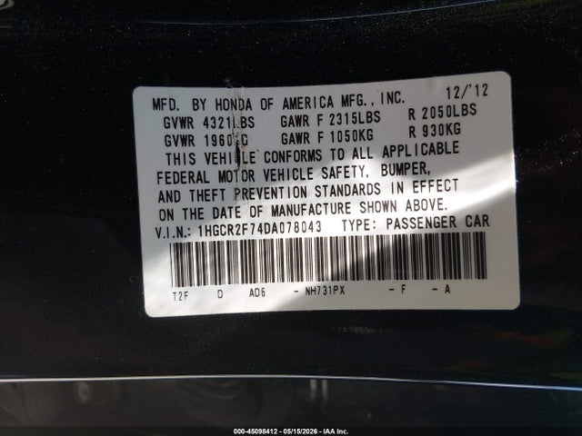 Aukcja sprzedaży 2013 Honda Accord Ex, vin: 1HGCR2F74DA078043, numer aukcji: 45098412