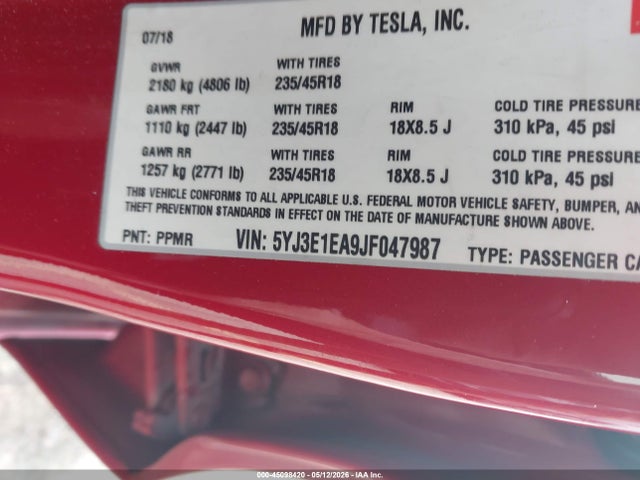 2018 Tesla Model 3 Long Range/mid Range მანქანა იყიდება აუქციონზე, vin: 5YJ3E1EA9JF047987, აუქციონის ნომერი: 45098420