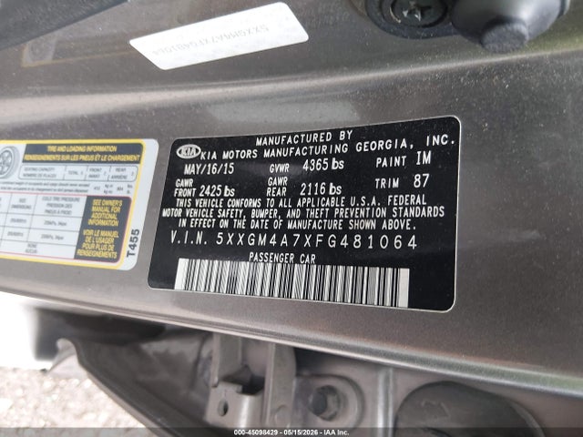 Aukcja sprzedaży 2015 Kia Optima Lx, vin: 5XXGM4A7XFG481064, numer aukcji: 45098429