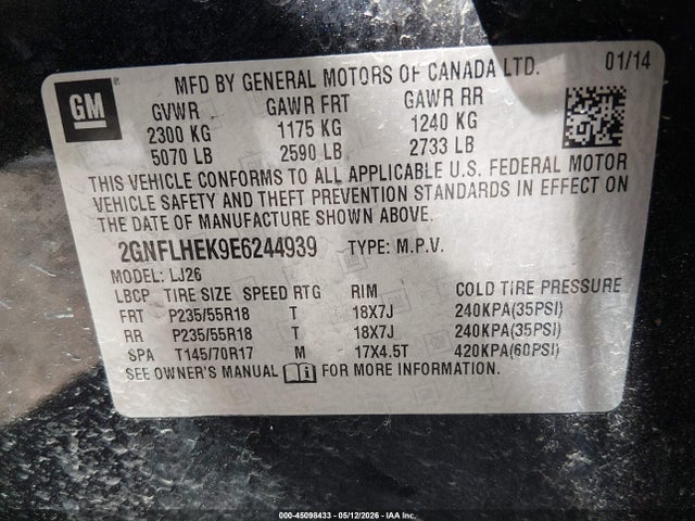 Продажа на аукционе авто 2014 Chevrolet Equinox Ltz, vin: 2GNFLHEK9E6244939, номер лота: 45098433
