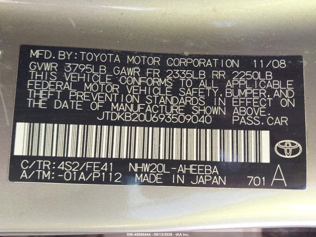 Продаж на аукціоні авто 2009 Toyota Prius, vin: JTDKB20U693509040, номер лоту: 45098444