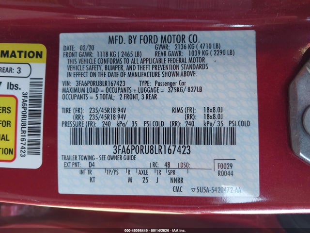Aukcja sprzedaży 2020 Ford Fusion Hybrid Titanium, vin: 3FA6P0RU8LR167423, numer aukcji: 45098449