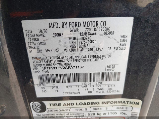 45098463 :رقم المزاد ، 1FTFW1EV2AFA71167 vin ، 2010 Ford F-150 Fx4/harley-davidson/king Ranch/lariat/platinum/xl/xlt مزاد بيع