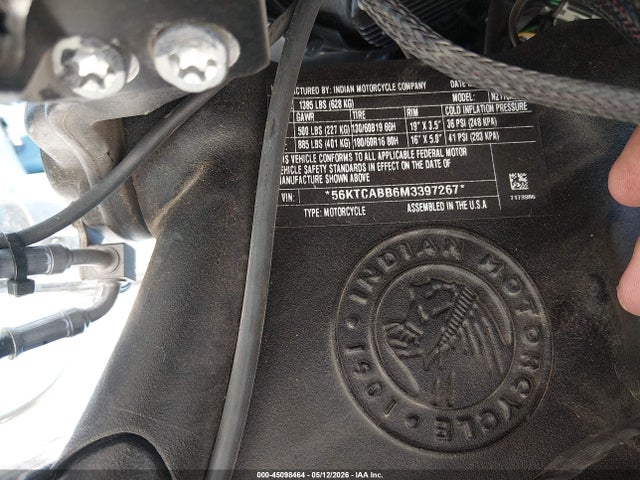2021 Indian Motorcycle Co. Chieftain Limited მანქანა იყიდება აუქციონზე, vin: 56KTCABB6M3397267, აუქციონის ნომერი: 45098464