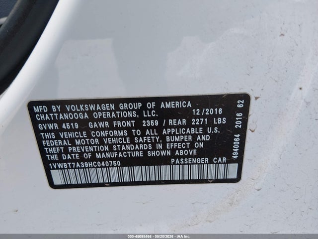 Aukcja sprzedaży 2017 Volkswagen Passat 1.8t Se, vin: 1VWBT7A39HC040750, numer aukcji: 45098466