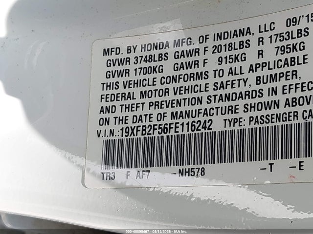Продажа на аукционе авто 2015 Honda Civic Lx, vin: 19XFB2F56FE116242, номер лота: 45098467