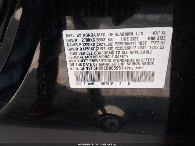 45098474 :رقم المزاد ، 5FNYF3H28EB005951 vin ، 2014 Honda Pilot Lx مزاد بيع