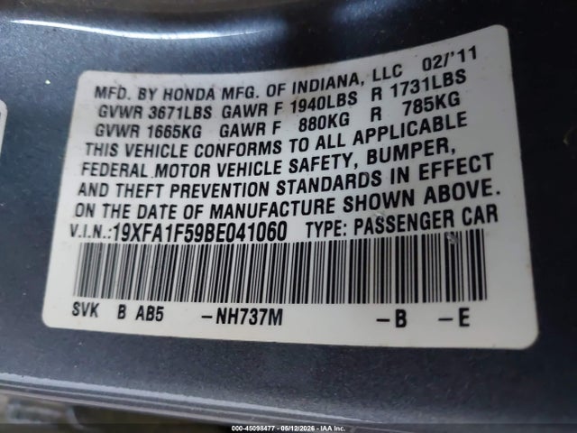 2011 Honda Civic Lx მანქანა იყიდება აუქციონზე, vin: 19XFA1F59BE041060, აუქციონის ნომერი: 45098477