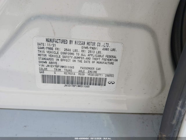 Aukcja sprzedaży 2022 Infiniti Q50, vin: JN1EV7BP1NM311045, numer aukcji: 45098484