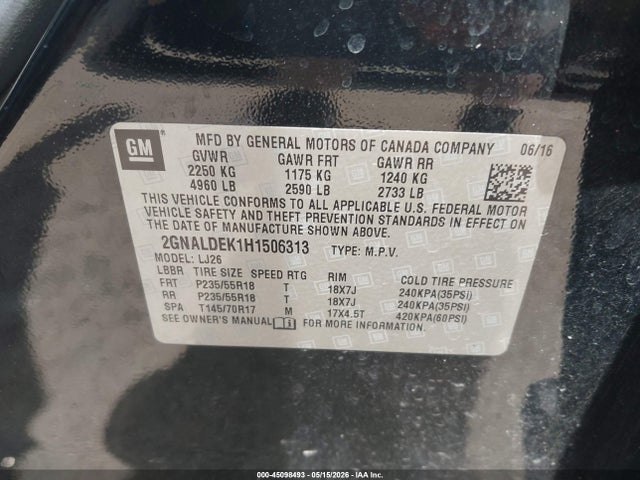 45098493 :رقم المزاد ، 2GNALDEK1H1506313 vin ، 2017 Chevrolet Equinox Premier مزاد بيع