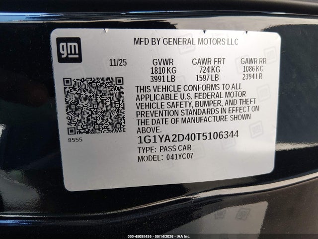 45098495 :رقم المزاد ، 1G1YA2D40T5106344 vin ، 2026 Chevrolet Corvette Stingray , 1lt, Rwd مزاد بيع