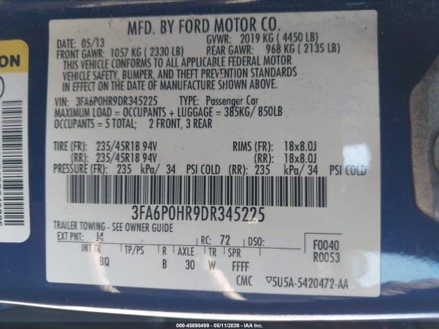 2013 Ford Fusion Se მანქანა იყიდება აუქციონზე, vin: 3FA6P0HR9DR345225, აუქციონის ნომერი: 45098499