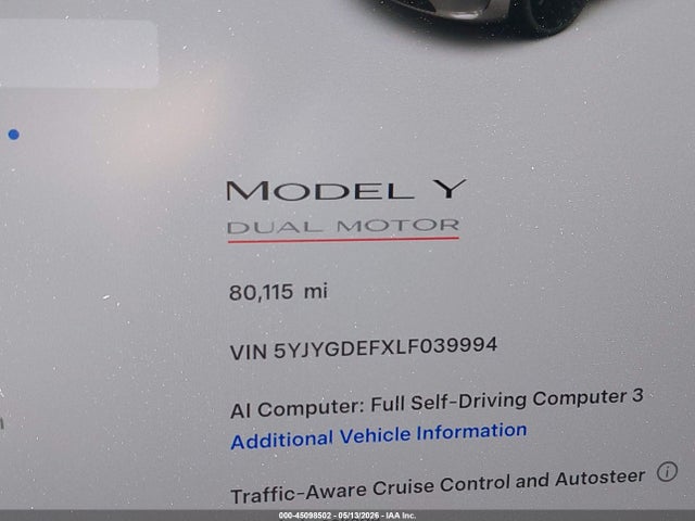 45098502 :رقم المزاد ، 5YJYGDEFXLF039994 vin ، 2020 Tesla Model Y Long Range Dual Motor All-wheel Drive/performance Dual Motor All-wheel Drive مزاد بيع