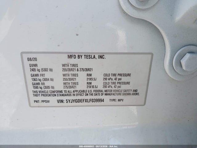45098502 :رقم المزاد ، 5YJYGDEFXLF039994 vin ، 2020 Tesla Model Y Long Range Dual Motor All-wheel Drive/performance Dual Motor All-wheel Drive مزاد بيع