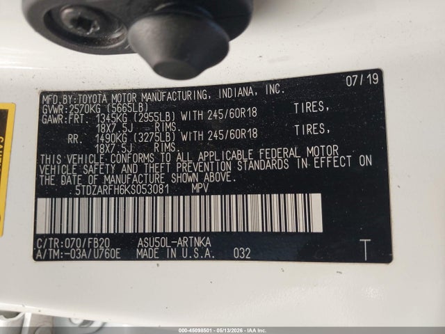 5TDZARFH6KS053081 Toyota Highlander Le