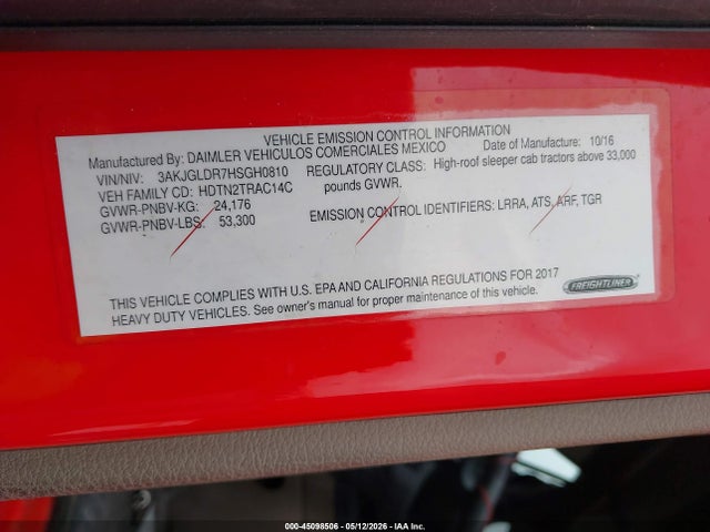 Aukcja sprzedaży 2017 Freightliner Cascadia 125, vin: 3AKJGLDR7HSGH0810, numer aukcji: 45098506