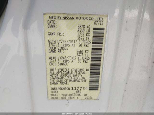 45098513 :رقم المزاد ، 1N6BF0KM4CN117754 vin ، 2012 Nissan Nv 1500 Nv1500 S V6 مزاد بيع