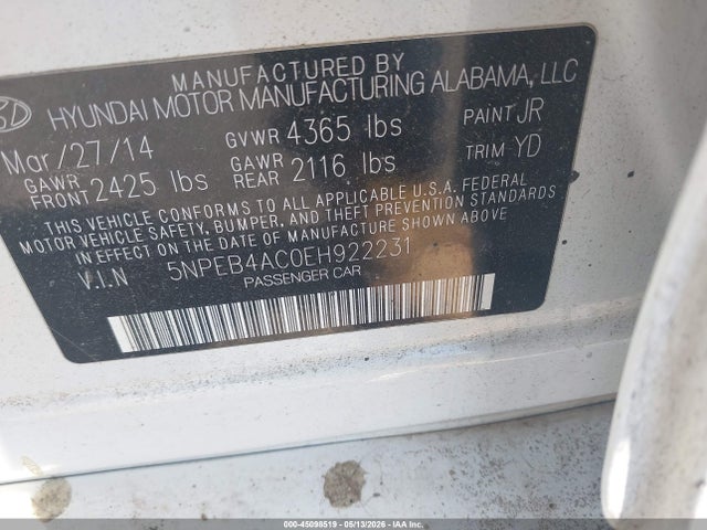 Aukcja sprzedaży 2014 Hyundai Sonata Gls, vin: 5NPEB4AC0EH922231, numer aukcji: 45098519