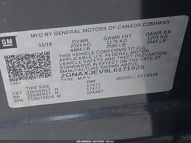Продаж на аукціоні авто 2020 Chevrolet Equinox Fwd 2fl, vin: 2GNAXJEV9L6171925, номер лоту: 45098526