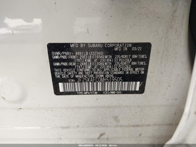 45098534 :رقم المزاد ، JF2SKAFC0MH519505 vin ، 2021 Subaru Forester Premium مزاد بيع