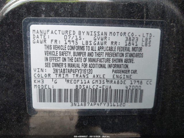 Продажа на аукционе авто 2015 Nissan Sentra S, vin: 3N1AB7AP4FY316120, номер лота: 45098537