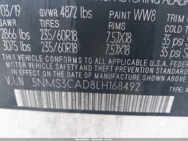 Продажа на аукционе авто 2020 Hyundai Santa Fe Sel, vin: 5NMS3CAD8LH168492, номер лота: 45098547