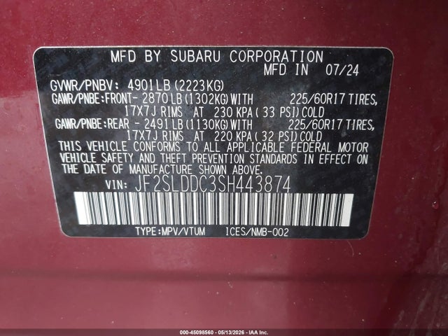 45098560 :رقم المزاد ، JF2SLDDC3SH443874 vin ، 2025 Subaru Forester Premium مزاد بيع