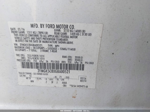 2016 Ford Flex Sel მანქანა იყიდება აუქციონზე, vin: 2FMGK5C8XGBA00521, აუქციონის ნომერი: 45098562