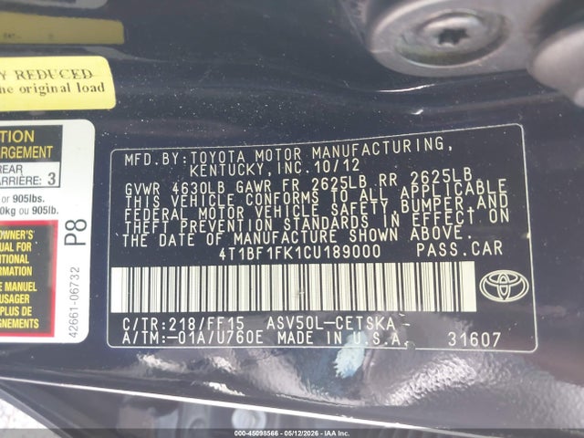 Aukcja sprzedaży 2012 Toyota Camry Se Limited Edition, vin: 4T1BF1FK1CU189000, numer aukcji: 45098566