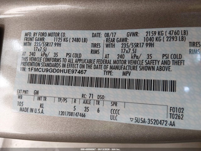 Продажа на аукционе авто 2017 Ford Escape Se, vin: 1FMCU9GD0HUE97467, номер лота: 45098567