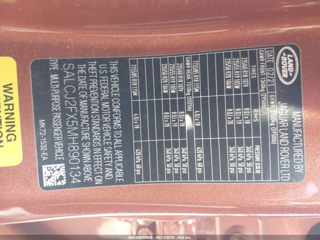 45098569 :رقم المزاد ، SALCJ2FX5MH890134 vin ، 2021 Land Rover Discovery Sport S مزاد بيع